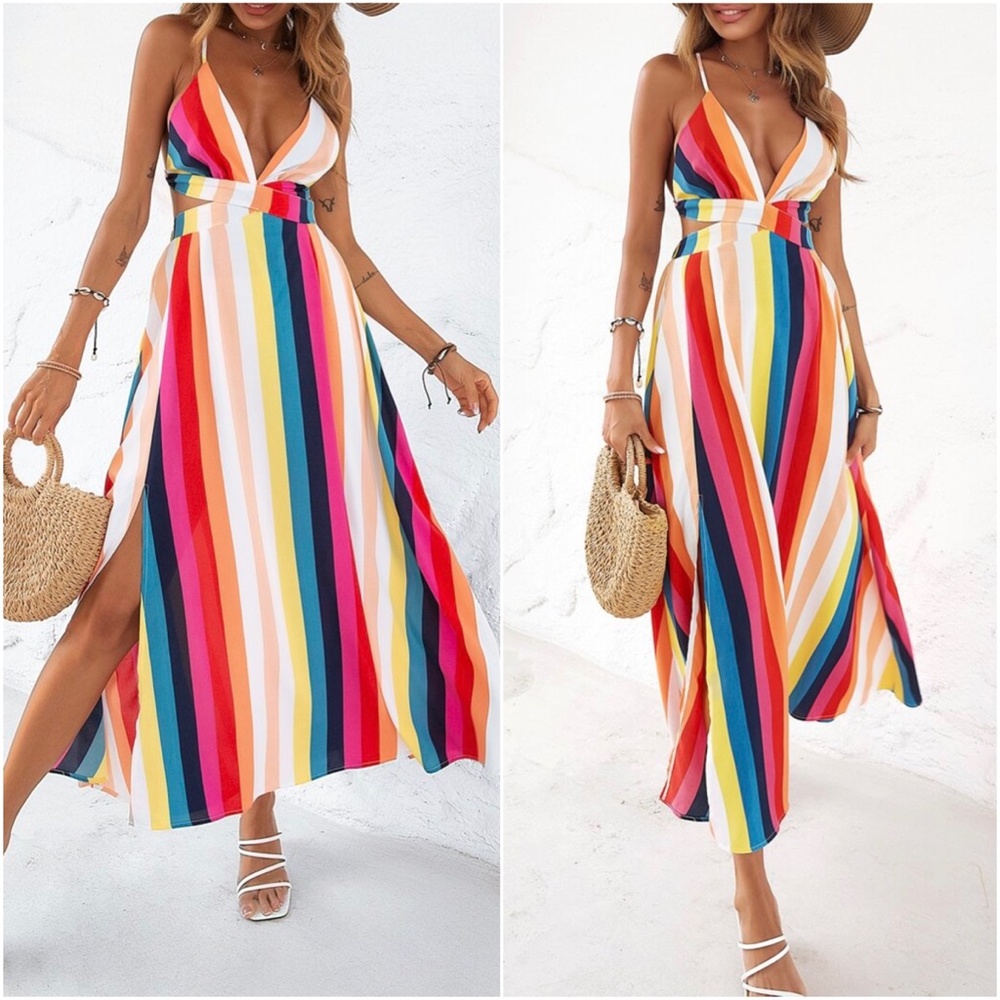 Boho multicolor Stripes Lace up Back Maxi Dress - Picture 4 of 7